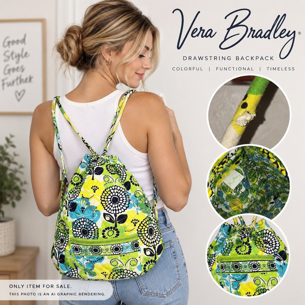Vera Bradley Drawstring Backpack Green Yellow Floral Quilted Cinch Bag Boho